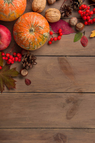 ganzer dekorativer kleiner roher Kürbis auf dunklem Holzgrund, Ernte, stimmungsvolles Herbstbild. Eberesche, trockene Blätter, würzen. Hintergrund mit Kopierraum - Foto, Bild