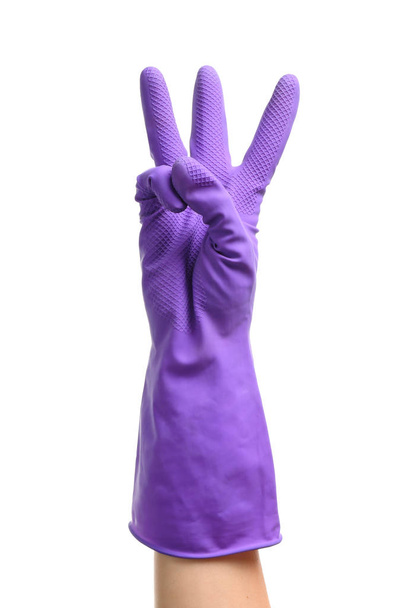 Female hand in glove showing three fingers on white background - Фото, зображення