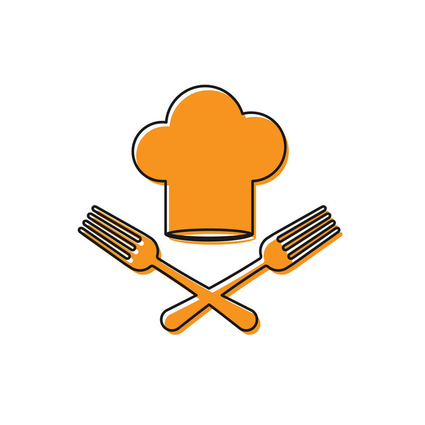 Sombrero de chef naranja e icono de tenedor cruzado aislado sobre fondo blanco. Símbolo de cocina. Menú del restaurante. Sombrero de cocina. Ilustración vectorial
 - Vector, Imagen