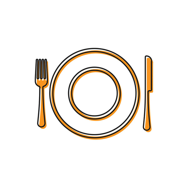 オレンジプレート、フォーク、ナイフのアイコンは、白い背景に分離されています。カトラリー記号。レストランの看板ベクトルイラストレーション - ベクター画像