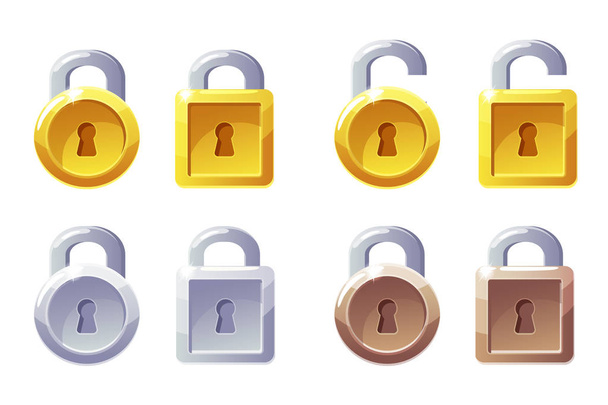 Ícone de cadeado com forma quadrada e redonda. Vector GUI Level Lock. Cadeados de ouro, prata e bronze
. - Vetor, Imagem