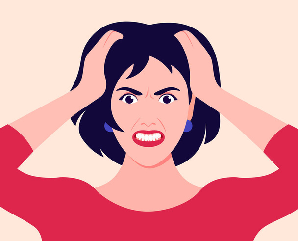 Portrait of a woman in stress. The girl holds her head in her hands and screams. Pain. Anger and despair. Vector flat illustration - Vector, Image