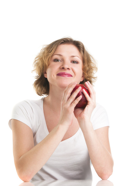 nő vörös almával - Fotó, kép
