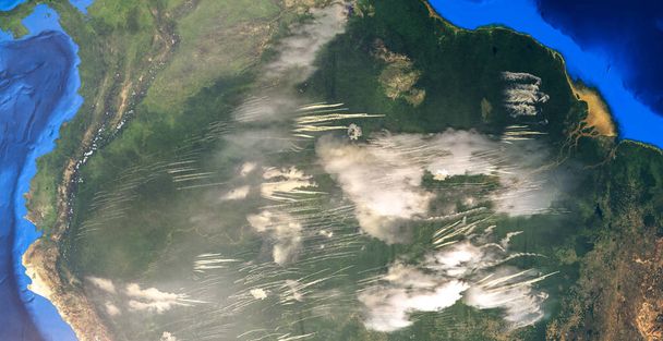 Amazon rainforest covered in huge fires - view from space - 3D i - Photo, Image
