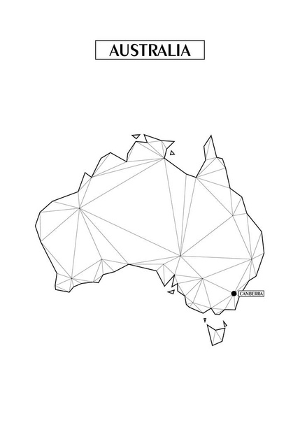Πολυγωνικός αφηρημένο Χάρτης της Αυστραλίας με συνδεδεμένα τριγωνικά σχήματα που σχηματίζονται από τις γραμμές. Πρωτεύουσα της πόλης-Καμπέρα. Καλή αφίσα για τον τοίχο στο σπίτι σας. Διακόσμηση για τοίχους δωματίων. - Διάνυσμα, εικόνα
