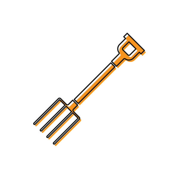 Orange Garten Mistgabel Symbol isoliert auf weißem Hintergrund. Gartengabelschild. Werkzeug für Gartenbau, Landwirtschaft, Landwirtschaft. Vektorillustration - Vektor, Bild