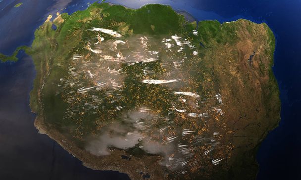 Fires in the Amazon rainforest seen from space- 3D illustration - Fotografie, Obrázek
