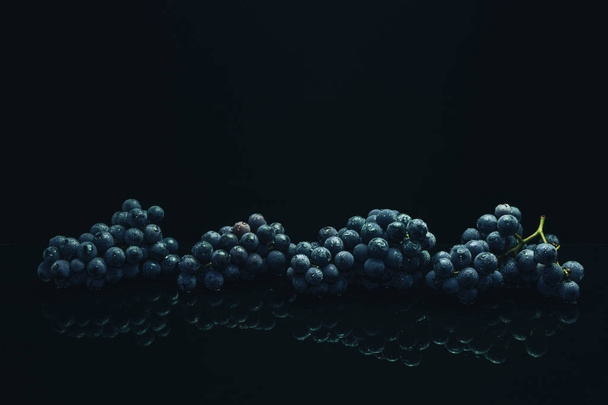 Close up belas uvas azuis de videira fresca em uma mesa de vidro preto e fundo escuro
 - Foto, Imagem