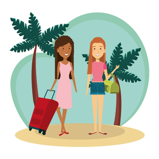 young interracial girls friends on the beach - Vector, Image