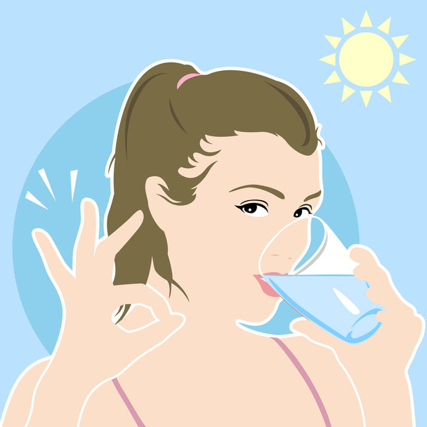 Mulher europeia bebe água com a mão OK
 - Vetor, Imagem