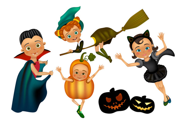 Halloween gyerekek karakter jelmez: tök, fekete macska, Drakula, boszorkány - Vektor, kép