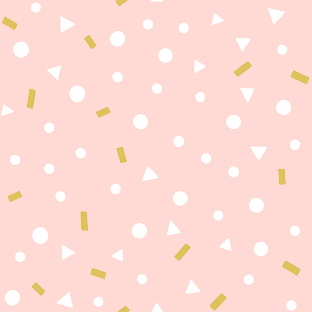 Cute confetti vector pattern. Party festive seamless background with geometric shapes, triangles, dots, sprinkles on a pink color. - Vector, Image