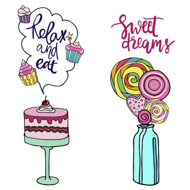 Lettering quote Relax and eat. Sweet dreams. Vector hand drawn image. Print for textile, banners, label and flyer - Vector, Image