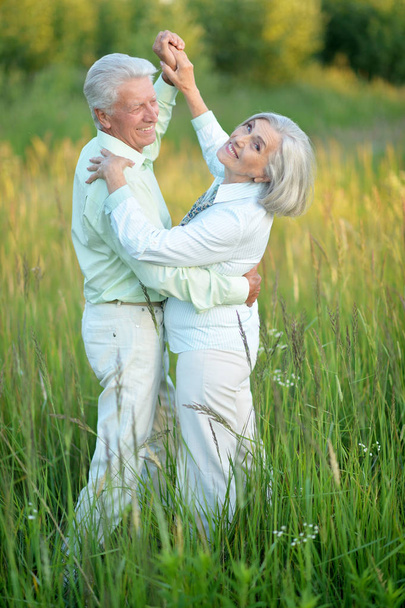 Happy senior couple dancing in summer park - Photo, image