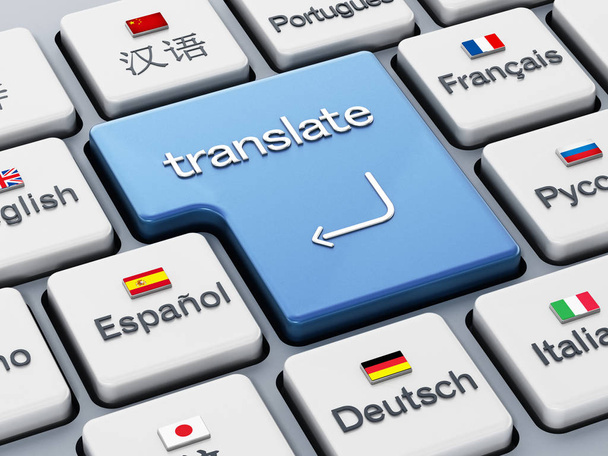 Translate word on enter key in a keyboard with country flags. 3D illustration - Фото, зображення