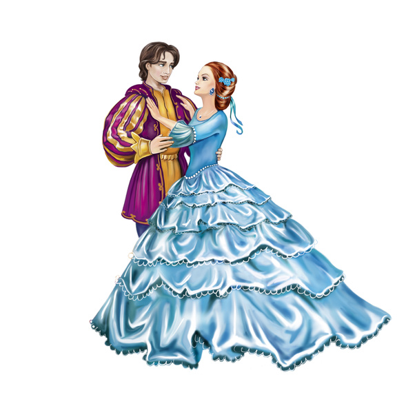 Princ a princezna tančí na plese, láskyplně se na sebe dívají, izolované postavy na bílém pozadí - Fotografie, Obrázek