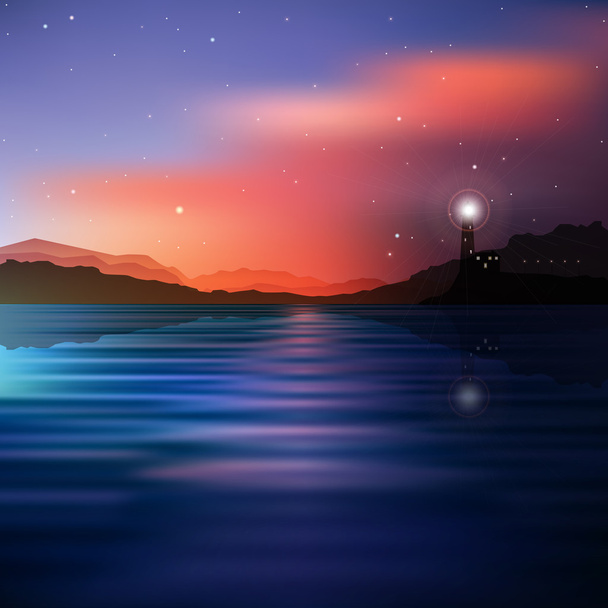 灯台と山のある抽象的な海の背景 - ベクター画像