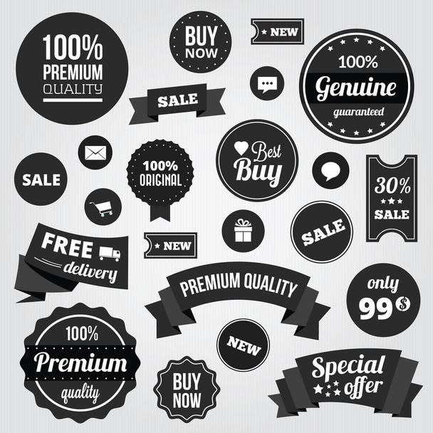 Black and White Vector Labels Badges Stickers and Ribbons - Vetor, Imagem