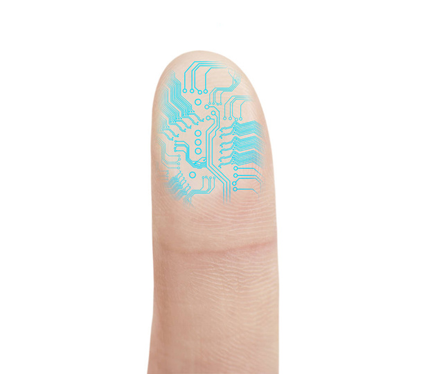 Палець, що натискає на віртуальну кнопку з сканером дактилоскопії
. - Фото, зображення