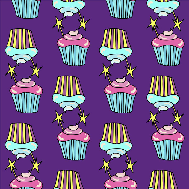 Niedliche nahtlose Muster mit Cupcake. handgezeichnete Vektorbonbons im Doodle-Stil. Druck für Textilien, Banner, Etiketten und Flyer - Vektor, Bild