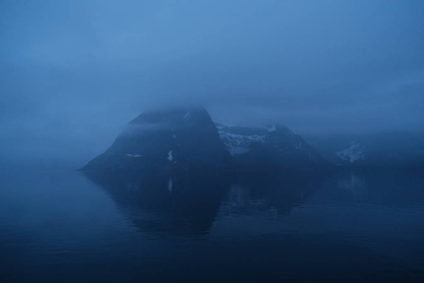Norway rorbu houses and landscape scandinavian travel view Lofoten islands. Night landscape. - Фото, зображення