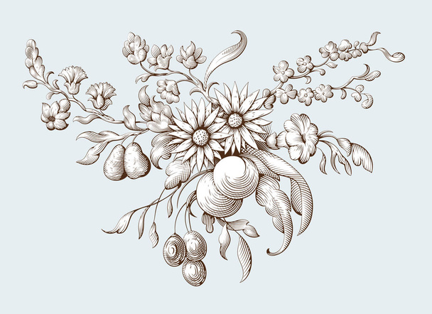 Ramo de flores y frutas. Ilustración botánica vintage. Ramo en estilo de grabado barroco
 - Vector, imagen