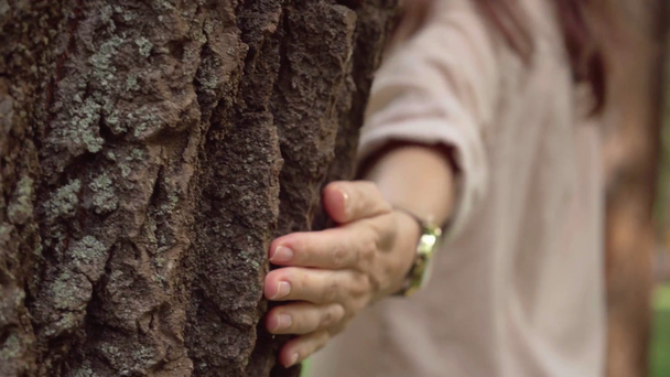 happy woman in golden wristwatch walking around tree trunk - Filmati, video