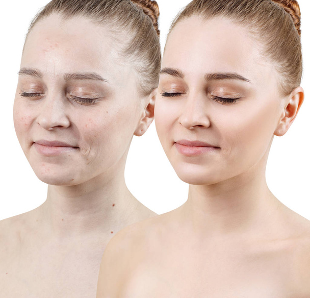 Retrato de comparação de mulher jovem antes e depois da maquiagem
. - Foto, Imagem