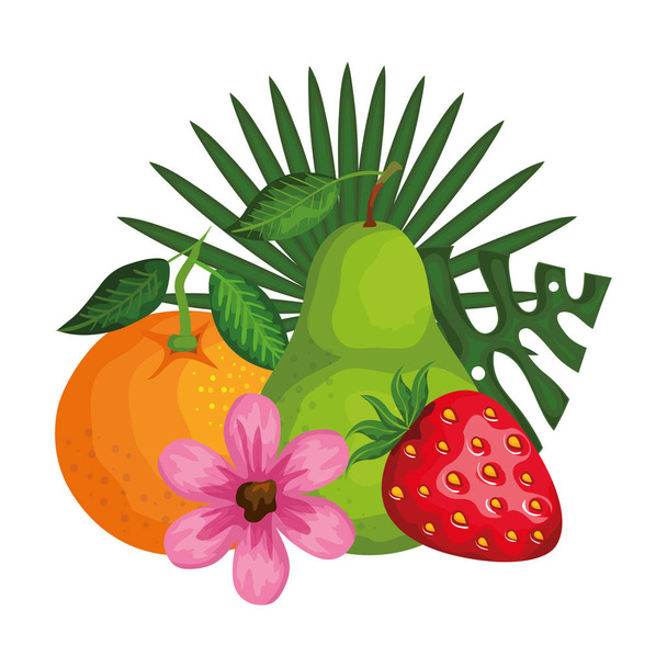 grupo de frutas frescas con decoración floral
 - Vector, imagen