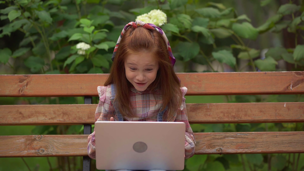 emotional child having video chat on laptop in park - Felvétel, videó