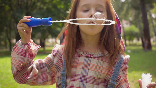 cute child blowing soap bubbles in green park - Video
