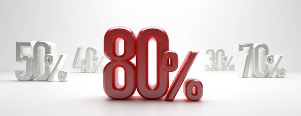 Sale 80%. 80 procent kortings tekst op witte achtergrond, banner. 3D-illustratie - Foto, afbeelding