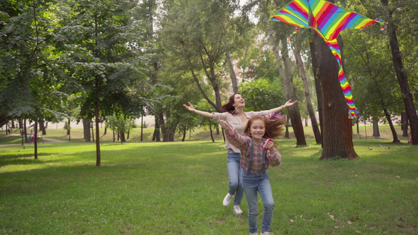 公園で凧と一緒に走っている幸せな母と娘 - 映像、動画