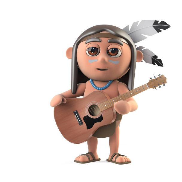 3D-zábavná kreslená rodná indiánská postava hraje na akustickou kytaru - Fotografie, Obrázek