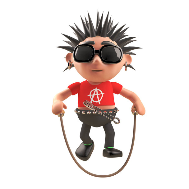 3D punk rock cartoon charakter pomijanie z Skakanka, ilustracja 3D - Zdjęcie, obraz