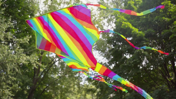 gelukkige moeder en dochter rennen met kleurrijke vlieger in Park - Video