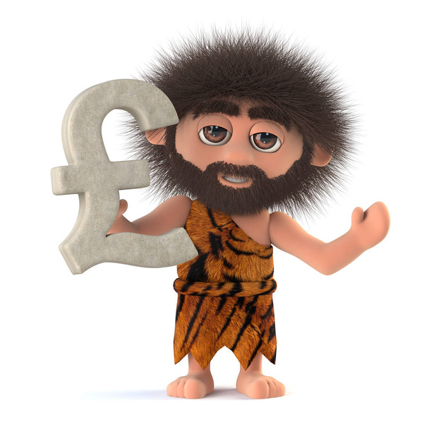 3D zábavný kreslený jeskynní muž se symbolem měny UK libry Sterling - Fotografie, Obrázek