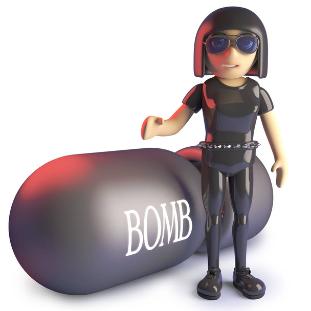 Goth girl looks uncomfortable stood next to an atomic nuclear bomb, 3d illustration - Photo, Image