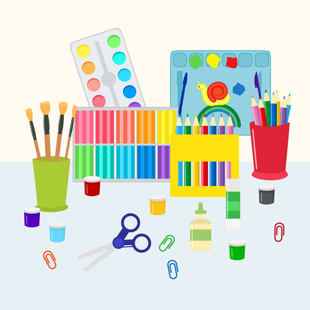 Colorful stationery set vector illustration. Coloring pencils, pens, scissors and paints with brushes. Kids and school supply, art stationery, education equipment. - Vector, Image