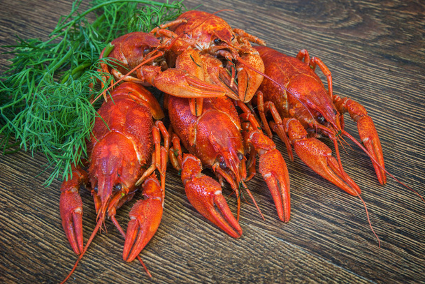 Boiled crayfish with dill on wooden background - Foto, imagen