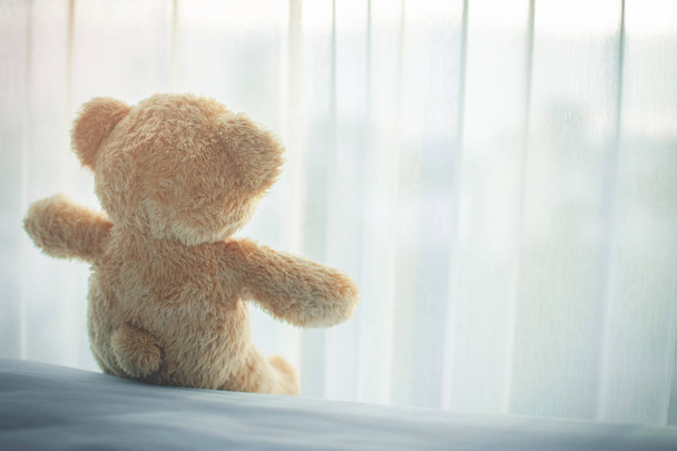 задня частина самотньої ведмежої ляльки на ліжку, відчувати себе сумним і низьким ключем
. - Фото, зображення