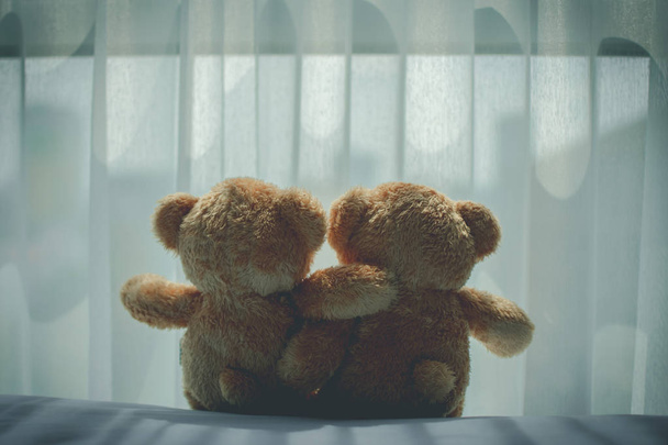 πίσω από το ζευγάρι αγάπη αρκούδα κούκλα στο δωμάτιο κρεβάτι, αισθάνονται σαν ευτυχισμένοι και εγώ - Φωτογραφία, εικόνα