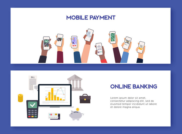 Mobile payment and mobile banking concept. Flat design vector illustration concepts of online payment methods. Internet banking, online purchasing and transaction, electronic funds transfers. - Vector, Image