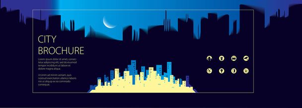 Night wide panorama simple city traveling tourist guide book. Br - Vector, Image