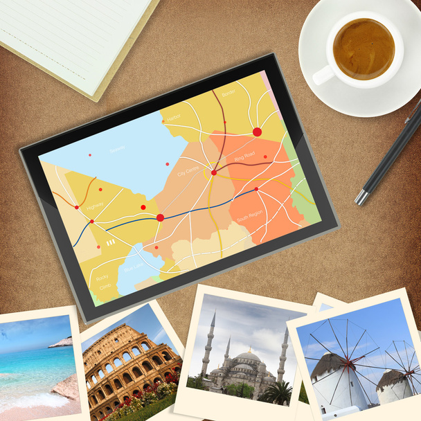 Tablet computador com mapa GPS e fotos de lugares famosos
 - Foto, Imagem