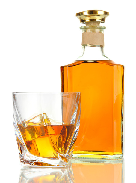 Glass of whiskey with bottle, isolated on white - Foto, Imagem