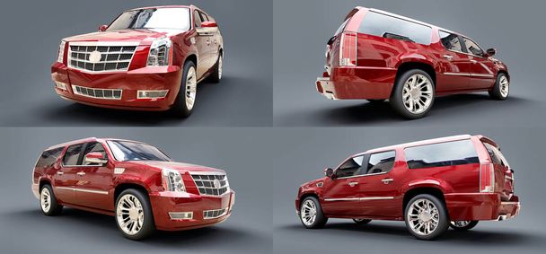 Ορίστε ένα μεγάλο κόκκινο SUV σε γκρι φόντο. απόδοση 3D. - Φωτογραφία, εικόνα