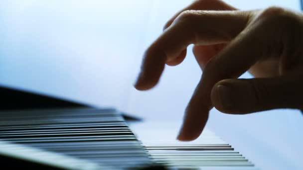 Vrouwelijke handen spelen piano. Een vrouw raakt de sleutels met haar vingers. - Video