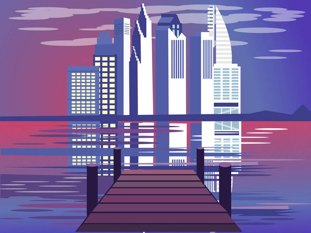 Marina with a view of the city, civilization. In minimalist style. Cartoon flat vector - Vector, Image