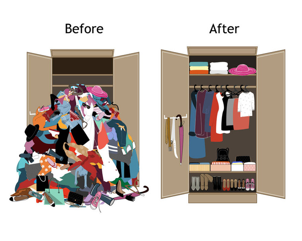 Before untidy and after tidy wardrobe. Messy clothes thrown on a shelf and nicely arranged clothes in piles and boxes. - Vector, Image